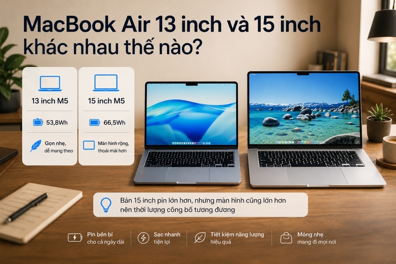 Pin MacBook Air 13 inch và 15 inch khác nhau thế nào