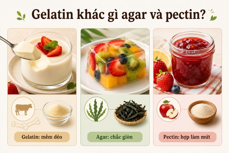 Gelatin khác gì bột rau câu, agar và pectin