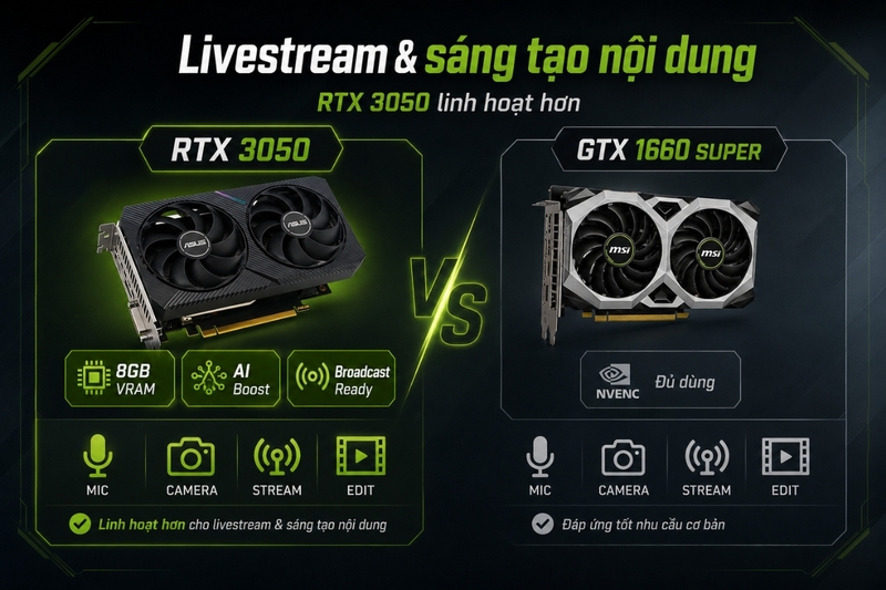So sánh livestream và sáng tạo nội dung: RTX 3050 linh hoạt hơn