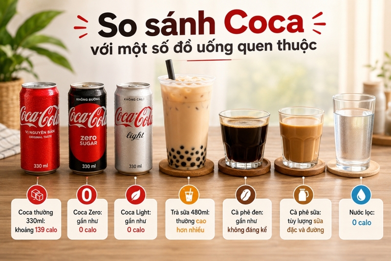 So sánh Coca với một số đồ uống quen thuộc