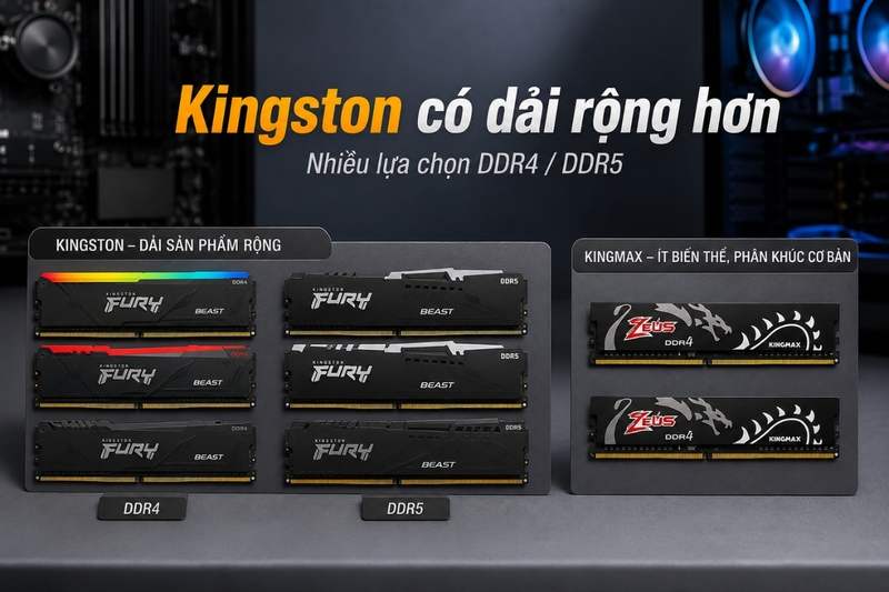 Về dải sản phẩm và chuẩn hỗ trợ: Kingston có dải rộng hơn