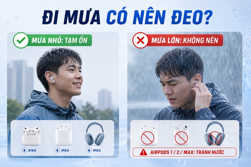 Có nên đeo AirPods khi đi mưa không?