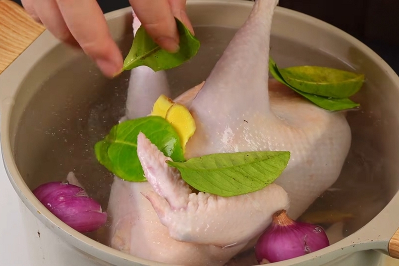 Cho gà vào nồi nước lạnh cùng gừng, hành lá, muối và tiêu, đun sôi với lửa to