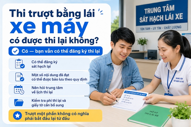 Thi trượt bằng lái xe máy có được thi lại không?