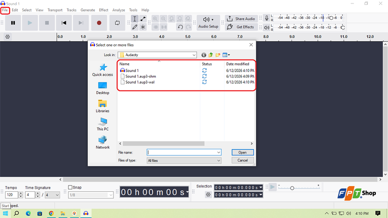 Mở dự án AUP trong Audacity và truy cập tính năng xuất âm thanh