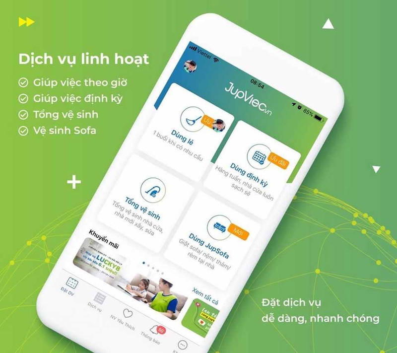 JupViec là một ứng dụng nổi bật khác trong lĩnh vực dịch vụ gia đình theo yêu cầu.
