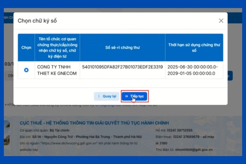 Bấm Tiếp tục để hoàn tất bước ký