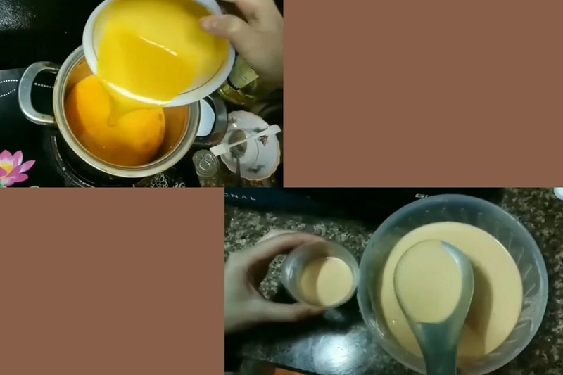 Trộn hỗn hợp xoài và hỗn hợp bánh flan và đổ vào khuôn