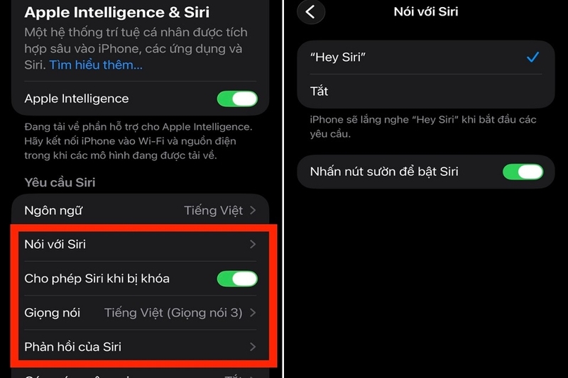 Bật lại các tùy chọn Siri