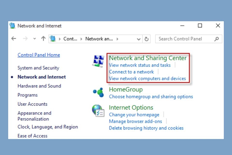 Bước 1 Network and Internet - mở Network and Sharing Center