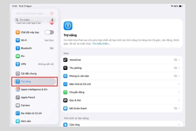 Bước 2_ Kéo xuống và chọn mục Trợ năng (Accessibility)