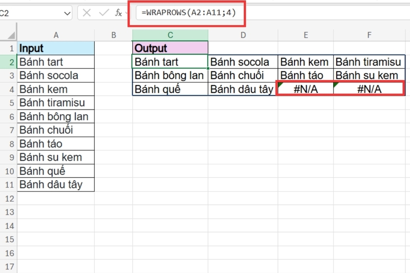 Cách dùng hàm WRAPROWS trong Excel (3)