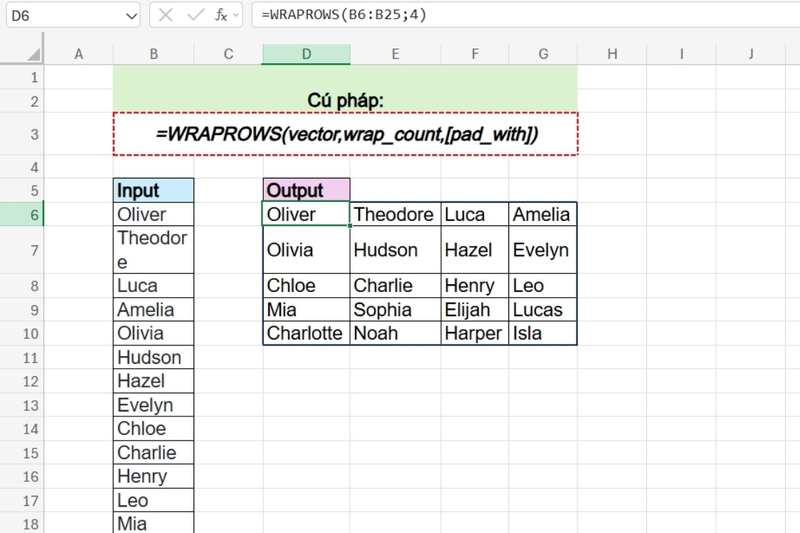 Cách dùng hàm WRAPROWS trong Excel (1)