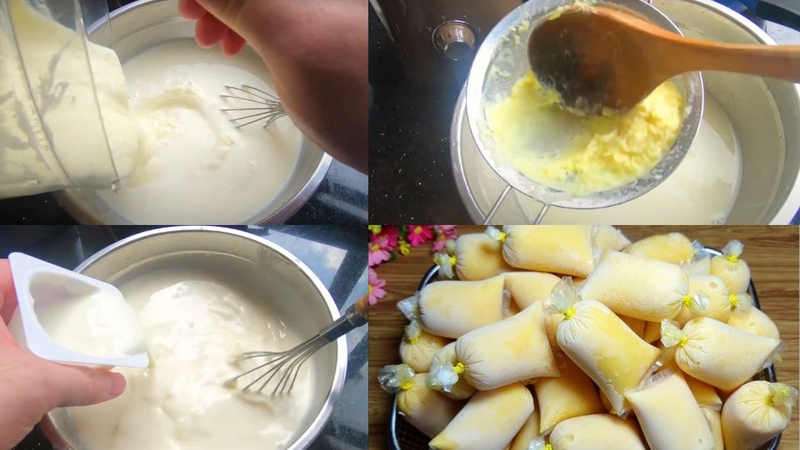 Cho kem vào hộp, để ngăn đá tủ lạnh khoảng 2 - 3 tiếng lấy ra trộn đều
