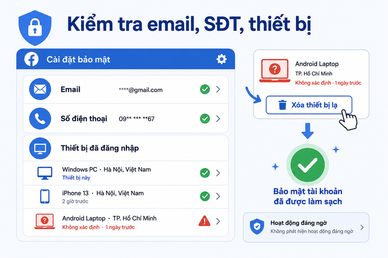 Kiểm tra email, số điện thoại và thiết bị đăng nhập