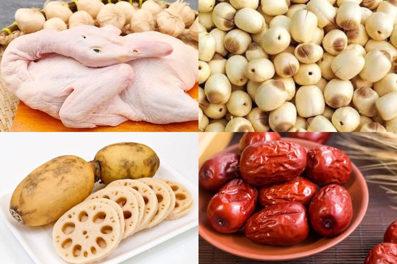 Các nguyên liệu cho món vịt hầm hạt sen