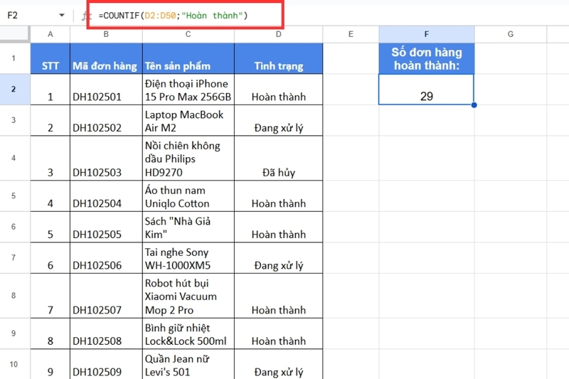 Cách sử dụng hàm COUNTIF trong Google Sheet (4)
