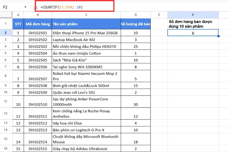 Cách sử dụng hàm COUNTIF trong Google Sheet (5)
