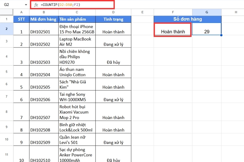 Cách sử dụng hàm COUNTIF trong Google Sheet (8)
