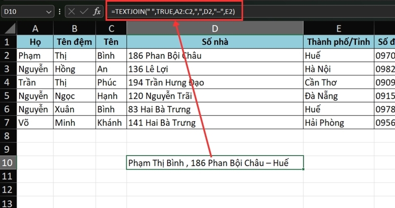 Cách sử dụng hàm TEXTJOIN trong phiên bản Excel 2016 trở đi