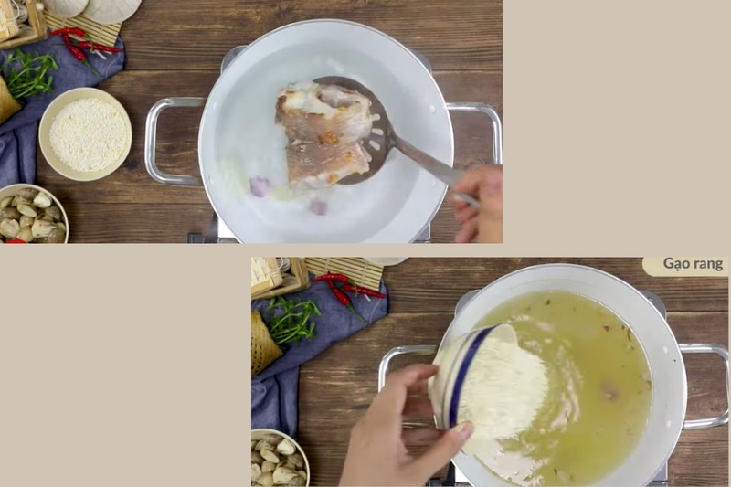 Cho gạo đã rang qua vào nồi vừa nấu cá lóc