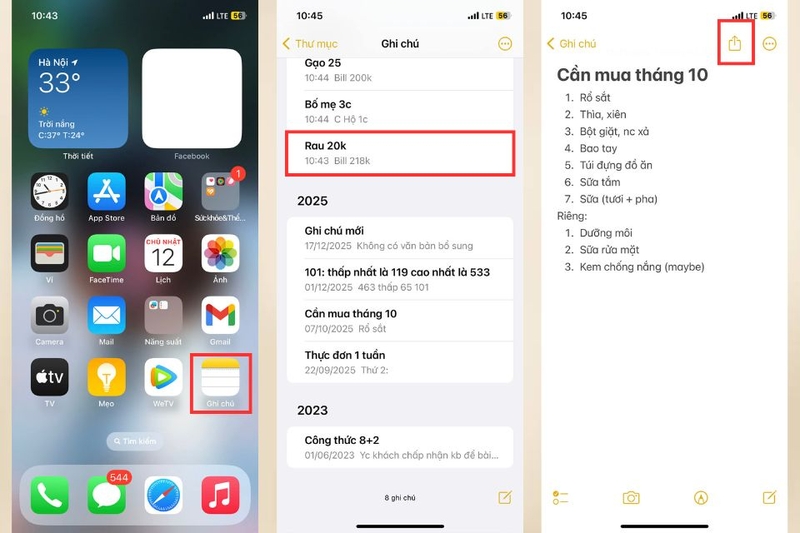 Chia sẻ qua ứng dụng Notes trực tiếp 1