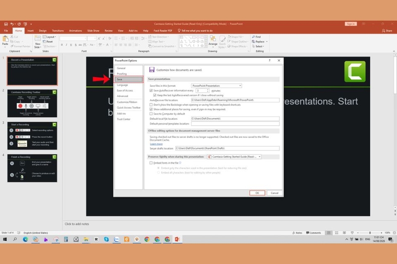 Chọn File - Options - Save