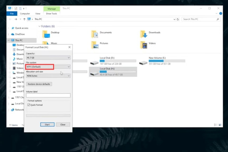Chọn hệ thống file như NTFS hoặc exFAT