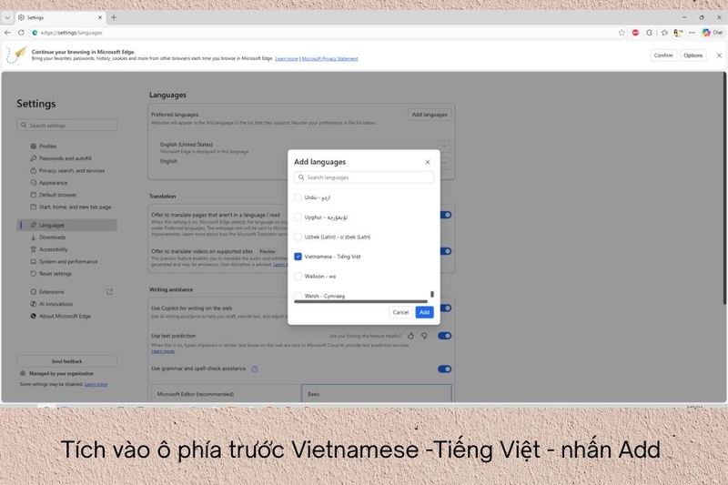 Chọn tiếng việt và bấm add