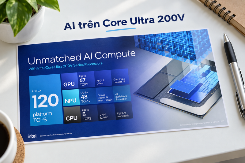 Tổng sức mạnh tính toán AI trên dòng Core Ultra 200 V (Lunar Lake) có thể đạt mức 120 TOPS