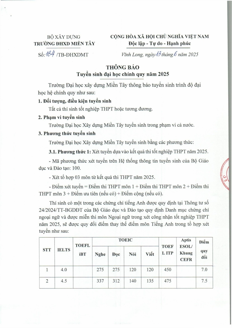 Đề án tuyển sinh Đại Học Xây Dựng Miền Tây 2025 ảnh 3