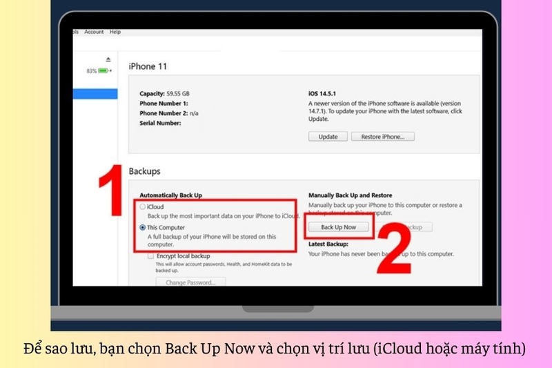 Để sao lưu, bạn chọn Back Up Now và chọn vị trí lưu