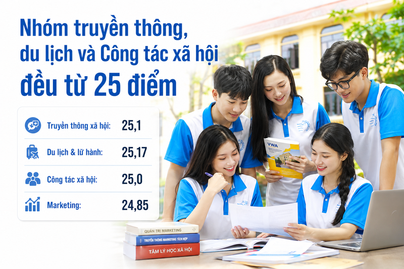 Nhóm truyền thông, du lịch và Công tác xã hội đều từ 25 điểm