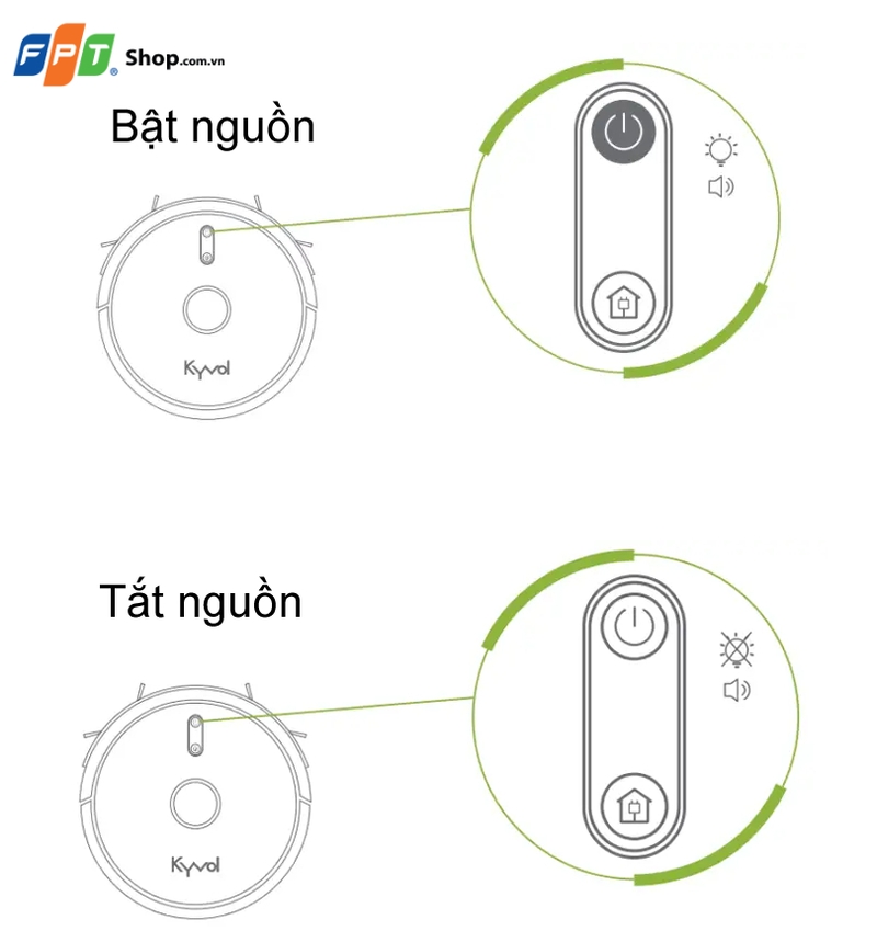 HDSD robot hút bụi Kyvol - bật tắt nguồn