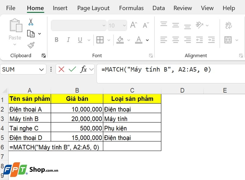 hàm match trong Excel ảnh 1