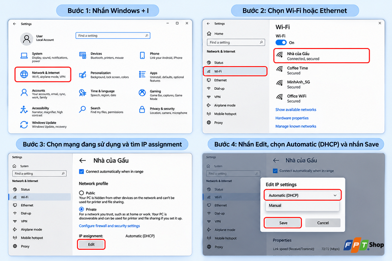 Đặt địa chỉ IP tự động trên Windows