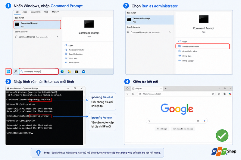 Làm mới địa chỉ IP bằng Command Prompt