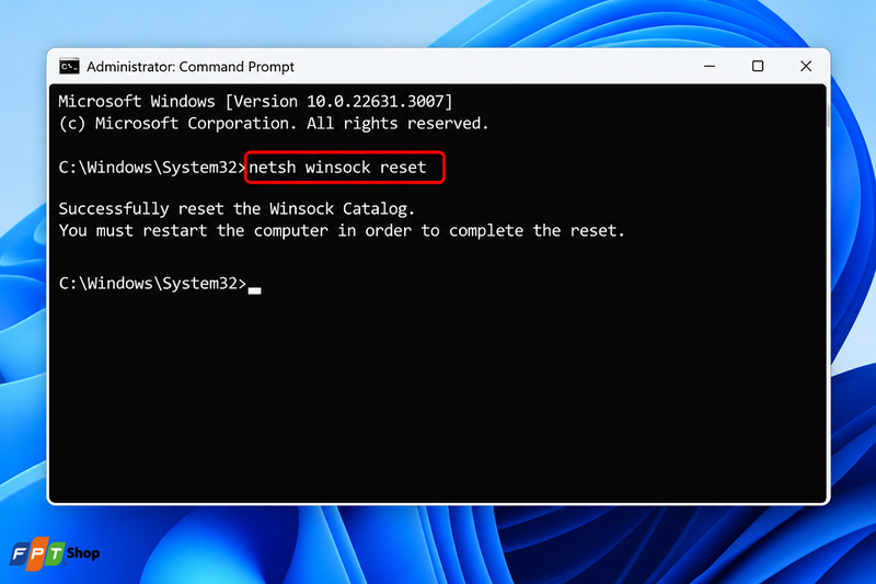 Nhập lệnh netsh int ip reset