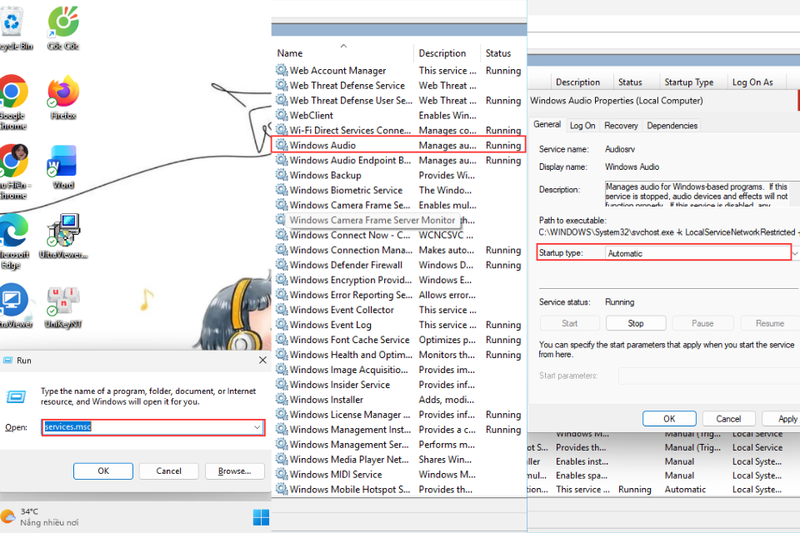 Khởi động lại dịch vụ Windows Audio bị tắt