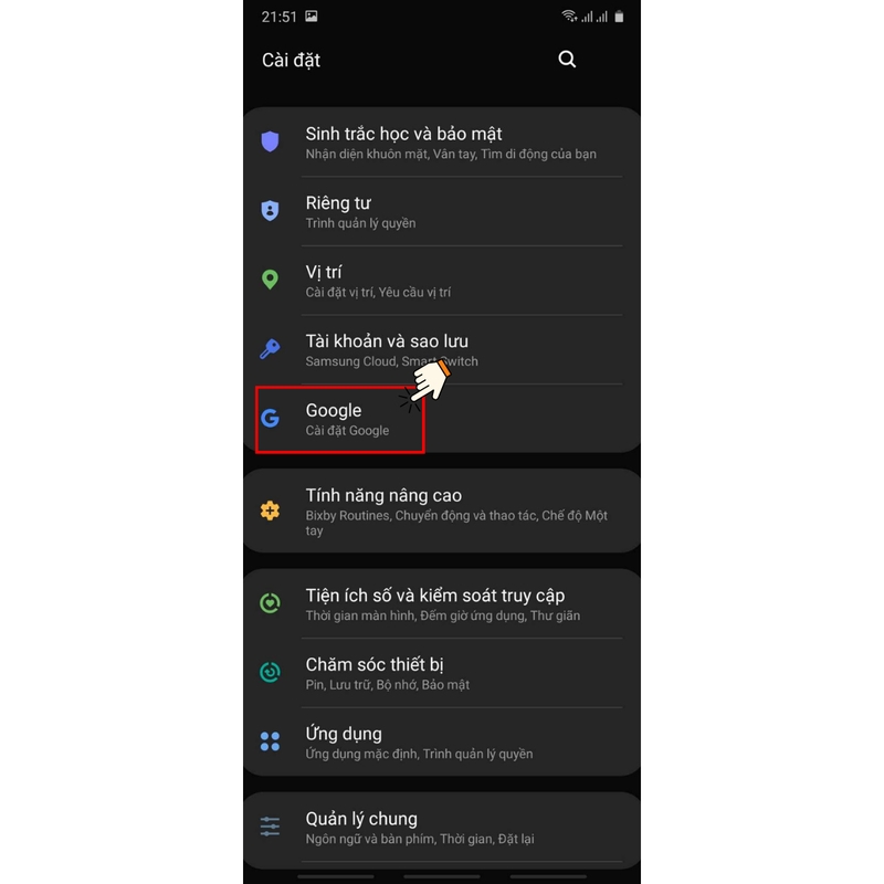 Truy cập vào mục&nbsp;Cài đặt trên điện thoại Android và chọn&nbsp;Google