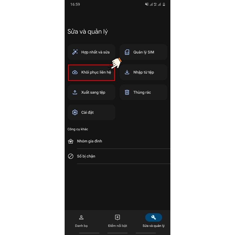 Trong giao diện danh bạ Google, chọn tùy chọn&nbsp;Khôi phục liên hệ