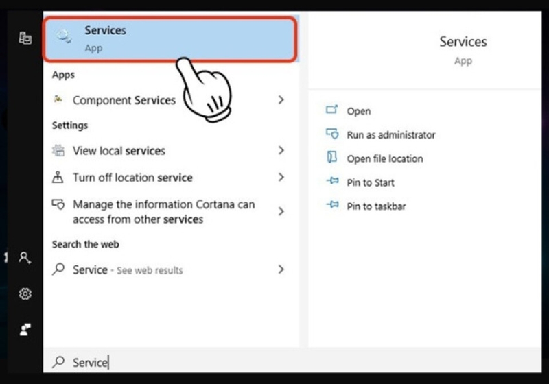Vào biểu tượng “Windows” và chọn “Service”