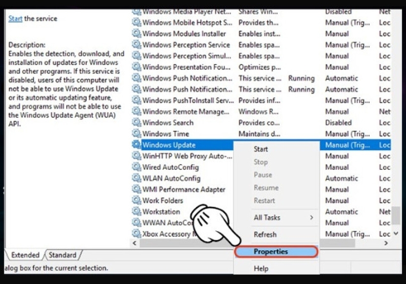 Tìm mục “Windows Update” và nhấp chuột phải chọn “Properties”