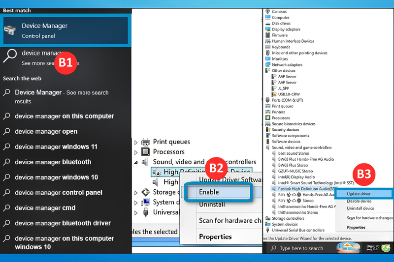 Kích hoạt và cập nhật driver âm thanh trong Device Manager