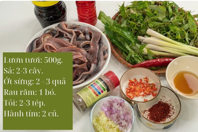 Nguyên liệu chính làm lươn xào sả ớt rau răm