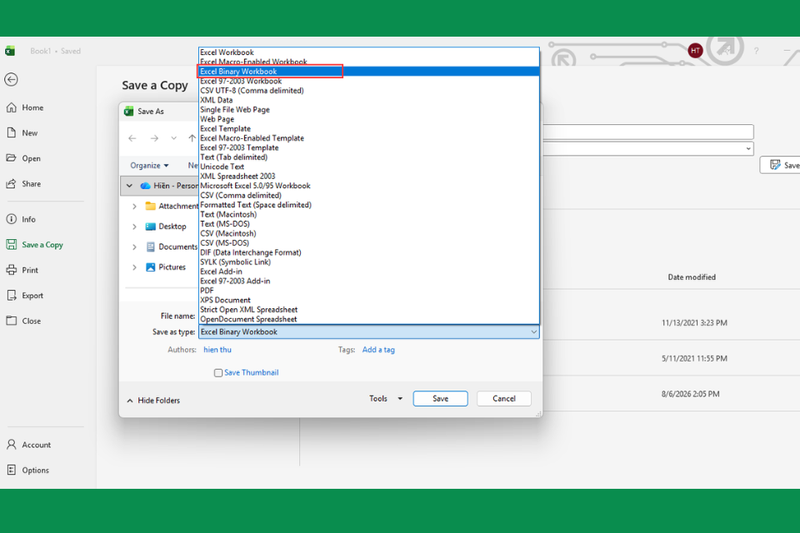 Lưu file dưới định dạng .xlsx hoặc .xlsb 2