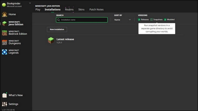 Kích hoạt hiển thị các phiên bản Snapshots