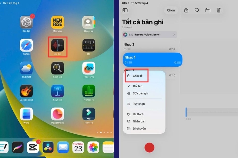 Mở ứng dụng Ghi âm, chọn file cần gửi