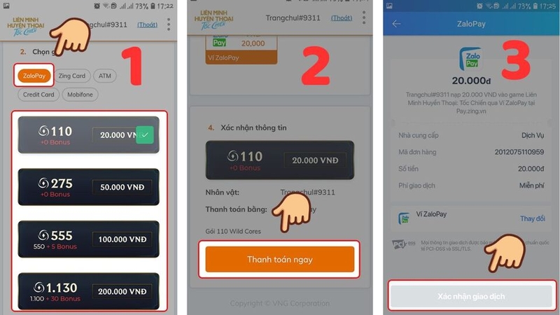 Trình tự các bước&nbsp;nạp qua ZaloPay