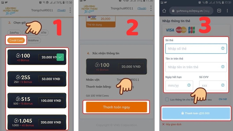 Trình tự các bước nạp qua thẻ tín dụng